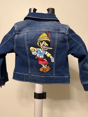 Denim Jacket with Colorful Hand Painted Pinocchio Patch